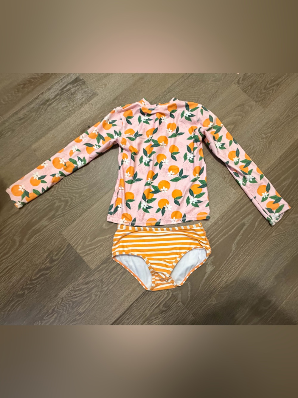 Girls Rashguard Set Pink with Oranges and Flowers and Striped Bottoms